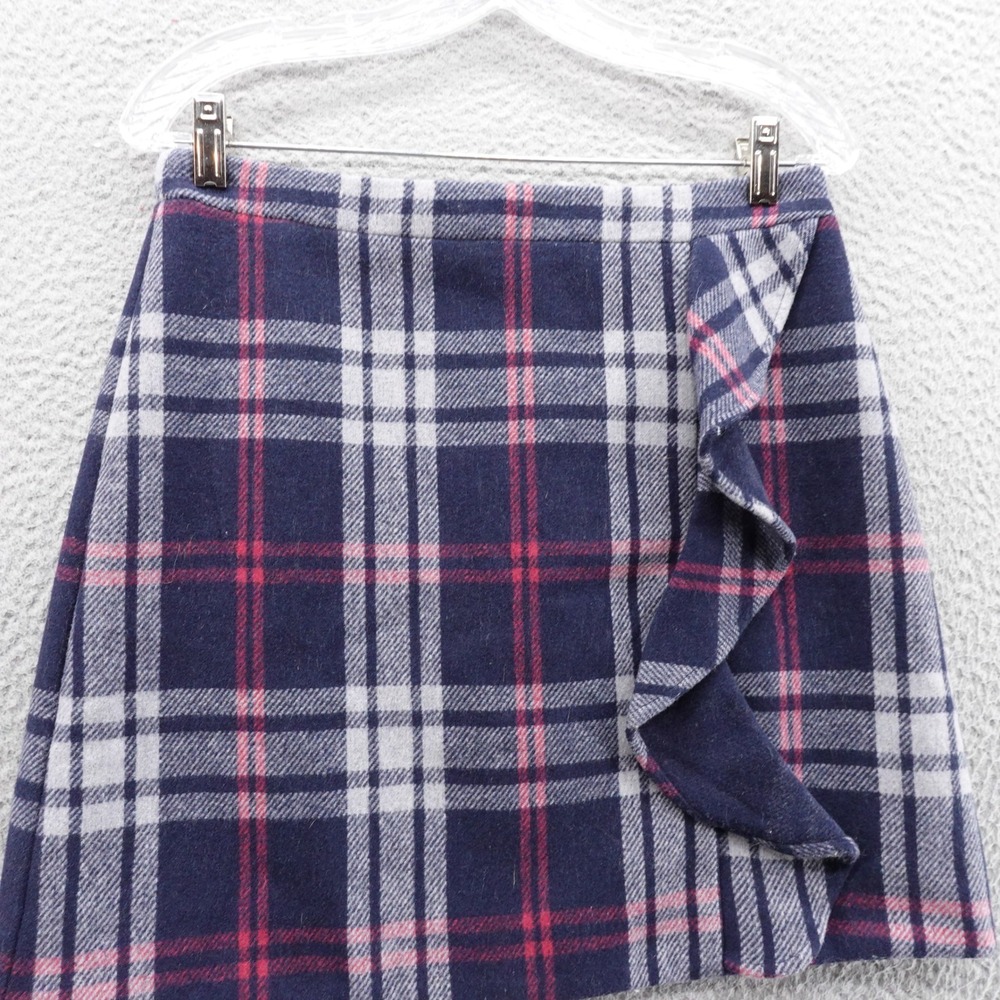 J Crew Mercantile Plaid Wool Blend Mini Skirt Size 4 Navy Blue Ruffle Lined - Picture 3 of 15